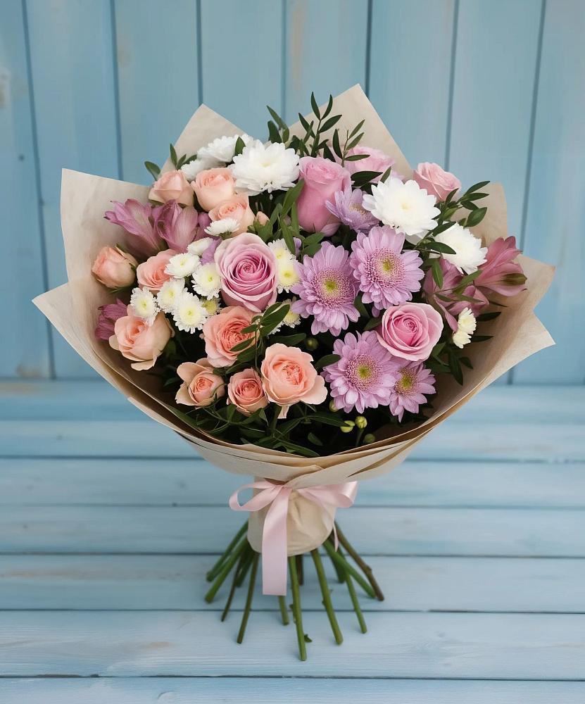 Букет цветов из: Хризантемы, Розы и Альстромерии в Шишкино