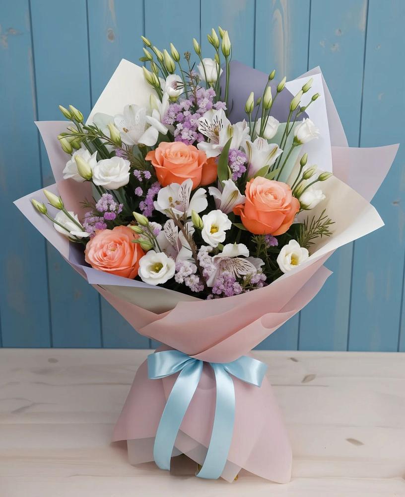 Букет цветов из: Лизиантусы, Розы, Альстромерии и Гипсофила в Шишкино