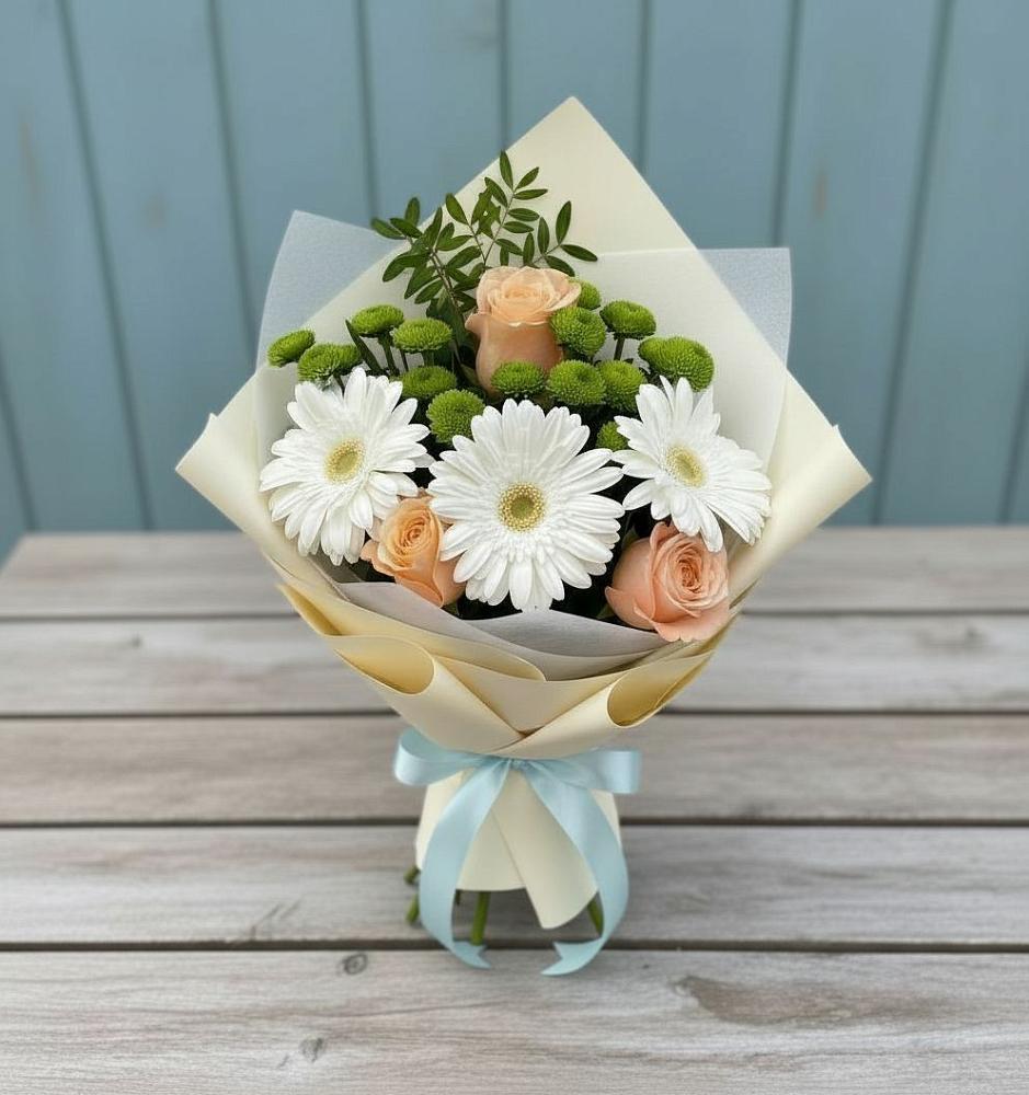 Букет цветов из: Герберы, Розы и Хризантемы в Шишкино