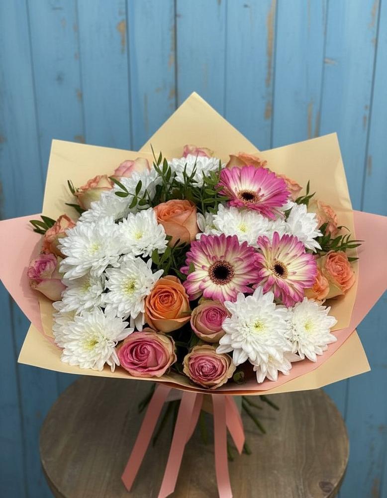 Букет цветов из: Розы, Герберы и Хризантемы в Шишкино