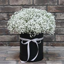 Цветочная композиция из Гипсофила в шляпной коробке в Шишкино