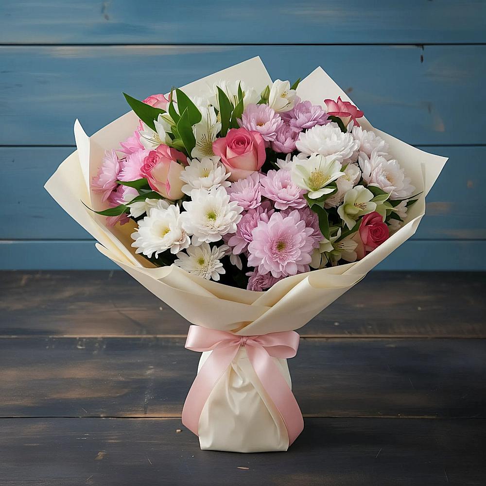 Букет цветов из: Хризантемы, Альстромерии и Розы в Шишкино